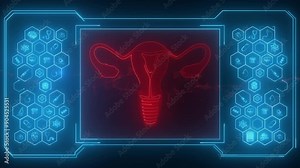 Medical interface window, anatomy and medicine icons. Uterus icon. Technology concept in gynecology.