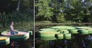 you can sit on these giant colorful lily pads in a pond in connecticut, USA