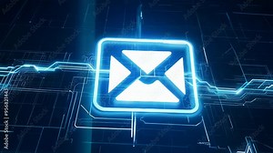 Neon email icon on digital futuristic interface with blue circuit background, 4k video