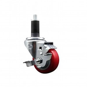 Polyurethane Expanding Stem Swivel Caster with 3 Inch Red Wheel and 1-1/4" Stem & Top Locking Brake - 300 lbs. Capacity Per Caster - Service Caster Brand