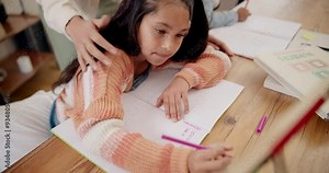 Girl, writing and abacus with homework for mathematics in book, education or learning with student at house. Face of little kid, female person or child on notebook for numbers, development or maths
