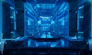 Sci-Fi Corridor: A mesmerizing journey into the future, this futuristic corridor beckons with its sleek, blue-lit design. The image evokes a sense of mystery and the unknown, perfect for science ficti