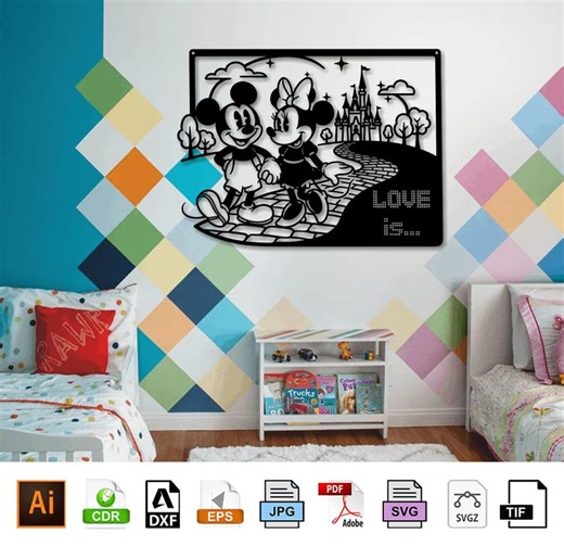 Mickey and Minnie Mouse Laser Cut File, Love is Wall Art SVG, Disney Couple Castle DXF, CNC Plasma Router Glowforge Design, Digital Download - Etsy