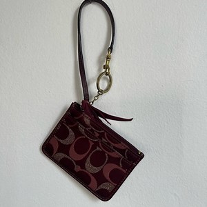 NEW Coach Mini Skinny ID Case Wallet WristletBurgundy Signature Jacquard Canvas