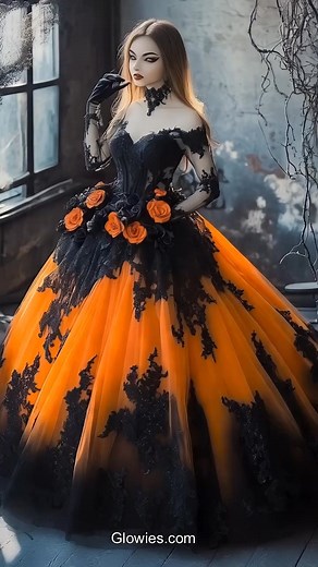 Orange and black wedding dresses are so fun for Halloween! The orange is bright like pumpkins, and the black is spooky and fancy. When you put them together, the dress looks cool, magical, and perfect for a Halloween party. These dresses are great for a bride who loves Halloween and wants something different. You can wear black shoes with sparkles and hold orange flowers. It’s a fun way to get married with a spooky and special style! | Gothic Darling