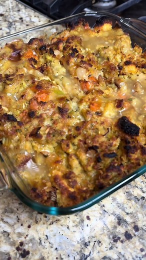 Thanksgiving Stuffing 2 Boxes Stovetop Stuffing 1 Stick Garlic & Herb Butter Diced Celery, Carrots and Onions 1 Tbsp minced Garlic 3 Cups Chicken Broth 1 Jar Turkey Gravy 4 slices of cornbread Prepare stove top stuffing according to box instructions but add in half of the garlic and herb butter Soften carrots, onions and celery in separate pan with minced garlic, salt and pepper Combine stuffing with with softened vegetables and fold in cornbread crumbled up. Transfer mixture to baking dish with