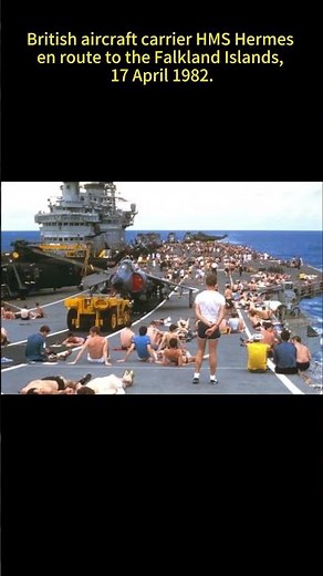 British aircraft carrier HMS Hermes en route to the Falkland Islands, 17 April 1982