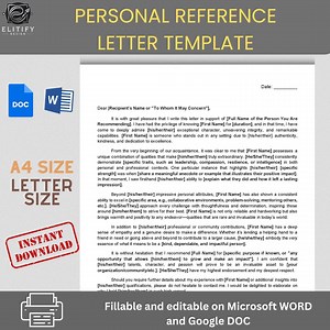 PERSONAL REFERENCE LETTER Template. Recommendation Letter Template. Editable, Fillable, Printable Document Template - Etsy Australia