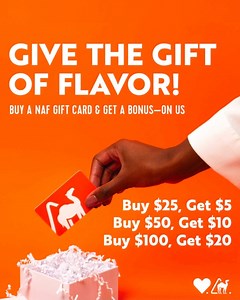 A gift that tastes better than socks 🧡 Buy a Naf Naf gift card and get a little bonus on us! 🎁 $25 → Get $5 🎁 $50 → Get $10 🎁 $100 → Get $20 #nafnaf #nafnafgrill #giftideas #holidaygifts #freshfood | Naf Naf Grill