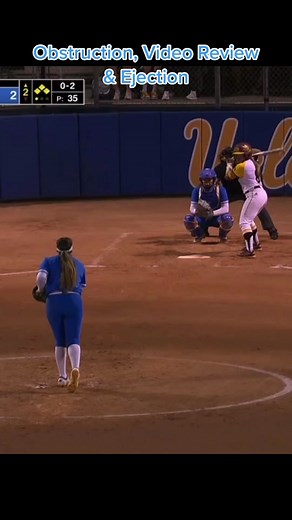 Deflected ball leads to obstruction call, VR changed to Interference & Coach Lonny Sargent ejected. #uclasoftball #arizonastatesoftball #ncaasoftball