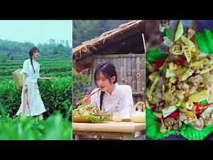 nature food channel- chinese girl cooking food-Bamboo shoot roast chicken