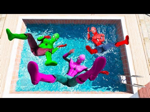 GTA 5 Rainbow Green Vs Pink & Red Spiderman Jumping Into Pool (Euphoria Physics/Ragdolls) #1