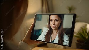 Detailed shot of the webcam on a tablet, capturing a patients face during a telehealth consultation.