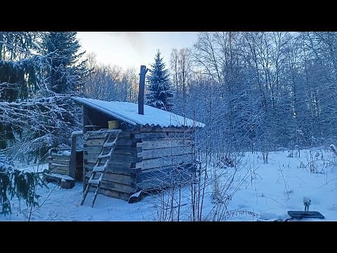 extreme cold winter night in abandoned log cabin