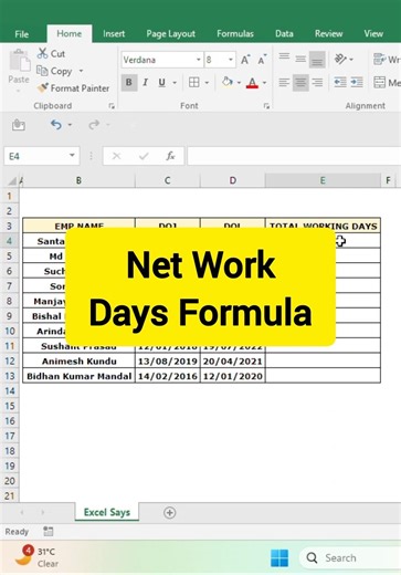 || How to use net working day formula in excel | Total working days ||