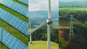 Collage of wind turbines, solar power station, power transmission lines renewable green energy concept