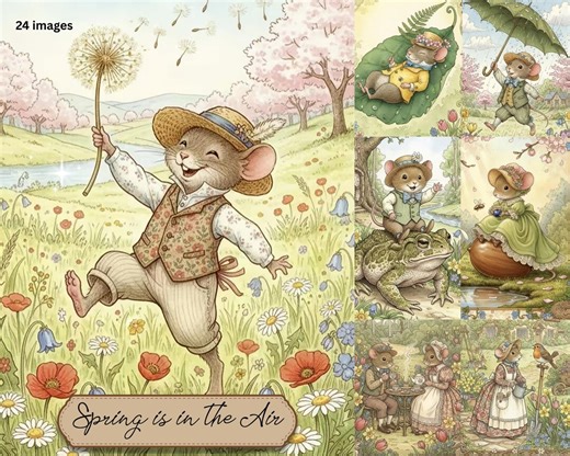 Vintage Storybook Mice Art, Mouse Illustrations, Mouse Scrapbook, Mouse Junk Journal, Mouse Art, Spring is in the Air (digital Download) - Etsy
