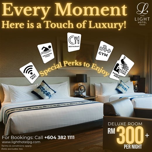 ✨ Every moment at The Light Hotel Penang is designed to give you more than just a stay, it’s a touch of luxury you truly deserve! From cozy Deluxe Rooms starting at RM300 per night, to free WiFi, a refreshing swim in our pool, energizing gym sessions, and delicious dining at our restaurant, we’ve got everything you need for the perfect getaway. Whether you’re here for business or leisure, we make sure comfort comes first. Book today and let your Penang stay shine a little brighter. 📞 Call 604 3