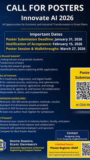 SDSU Electrical Engineering & Computer Science on Instagram: "Call for Posters: Innovate AI 2026 We're excited to announce an incredible opportunity for students, researchers, and innovators! Submit your groundbreaking AI research to showcase at our Innovate AI 2026 symposium featuring AI applications in healthcare, national security, agriculture, energy, and so much more. Key Dates: Poster Submission Deadline: January 31, 2026 Acceptance Notifications: February 15, 2026 Poster Session & Walkthr