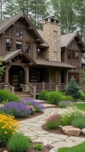 I just toured a rustic mountain cabin that looks like it was built 200 years ago and I'm OBSESSED... The kitchen has massive timber beams, a dramatic stone range hood that reaches the ceiling, and reclaimed wood floors with the most incredible patina. The living room? Stone fireplace, leather furniture, and windows overlooking the forest. The bedroom has the same aged wood beams and cozy stone accents. The bathroom is a spa with natural stone everywhere. Every single room in this cabin tells a s