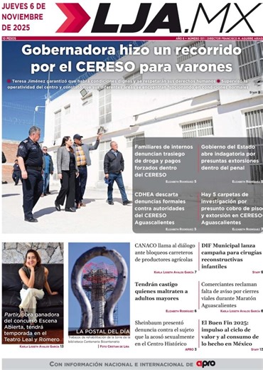 Gobernadora hizo un recorrido por el CERESO para varones y más en LJA.MX, edición 6/11/2025 - LJA.MX Noticias México