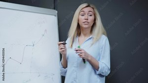Camera zooming in to blond woman drawing graph on flip chart and talking with colleagues about goal during conference in office
