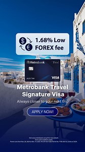 Take your international shopping experience up a notch with Metrobank Travel Signature Visa. Enjoy a low FOREX Fee of 1.68% for both in-store and online purchases abroad. To learn more, visit https://mbcpc.co/travel-signature-visa Terms and conditions apply. DTI Fair Trade Permit No. FTEB-205733, Series of 2024. Metrobank is regulated by the Bangko Sentral ng Pilipinas (https://www.bsp.gov.ph). | Metrobank Card