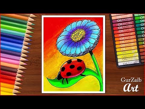 how to draw a ladybird beetle on a leaf and flower - ( step by step) ladybug drawing oil pastels