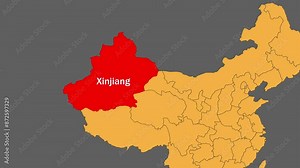 Xinjiang map animated video. Xinjiang location is highlighted on the China map colour with Gray background in video format.