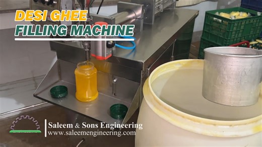Desi Ghee Filling & Packaging Machine | Automatic Jar Filling System by Saleem & Sons Engineering Watch how our Semi-Automatic Desi Ghee Filling Machine efficiently fills thick and viscous desi ghee into jars with high accuracy and smooth operation. This video also showcases the packaging process inside our warehouse, ensuring clean, hygienic, and professional handling. ✅ Suitable for Desi Ghee, Oils, Pastes & Creams ✅ High precision filling system ✅ Stainless Steel Food-Grade Construction ✅ Ide