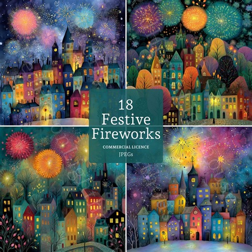 New Year City Fireworks Clip Art, Watercolour Whimsical Holiday Art, 18 Jpgs, Digital Download, Commercial Use, Card Making, Junk Journal - Etsy