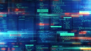 Animation of digital space filled with code.