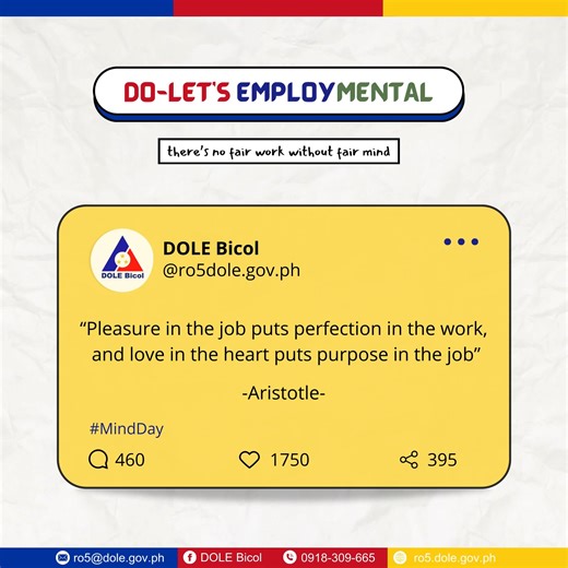 This Monday, let us be reminded that loving what we do brings both joy and excellence. When the heart is invested, work becomes more than a task—it becomes a calling. ✨ Happy Monday! #doletsemploymental #DOLEBicol | DOLE Bicol