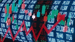 3D animation loop Finance and business concept for stock exchange trading market with chart datas and japanese candlestick