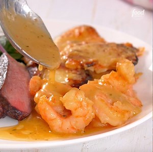 Shrimp scampi, a juicy steak AND scalloped potatoes all on one sheet pan! 🍤🥩 It’s an easy Surf and Turf Dinner for Two! 👏 Save the recipe: https://foodtv.com/2HFXFIK! | Food Network