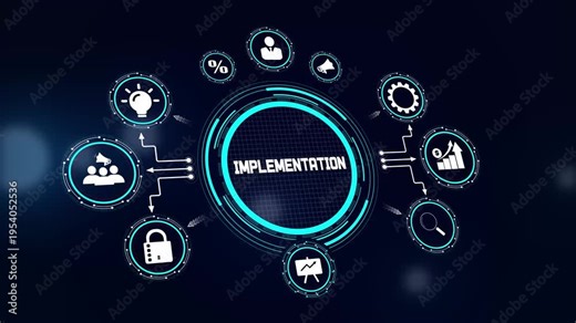 Project implementation hud animation for strategic plan execution, operational workflow management, and business process deployment visuals