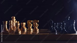 Chess game debut Sicilian defense, time lapse on black background. Front view of a chess game on a retro board from the Soviet Union era