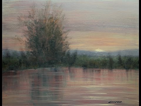 How to paint a tonalist sunset river scene. Acrylic painting demonstration. Tonalism