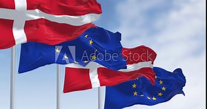 National flags of Denmark and of the European Union waving in the wind