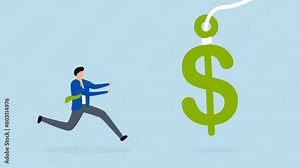 Financial fraud, 4k animation of investor runs to get money US dollar with hidden phishing bait.