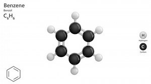Benzol (Benzene). Animated 3D model of a molecule. Molecular formula: C6H6. Chemical model: Ball and sticks. White background. 3D rendering. Seamless loop.