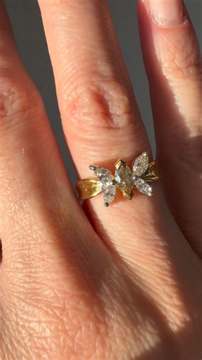Melissa Jaye Jewelry, LLC on Instagram: "Happiness is a butterfly ✨ This brown and colorless diamond butterfly ring brings nothing but happiness. It features 0.38cts of colorless marquise diamonds and a 0.25ct brown marquise center diamond set in 18k yellow gold. This sweet beauty is available for under 1500. DM for more details and IG pricing. #butterflyjewelry #butterflyring #diamondbutterfly #marquisediamond #marquisediamondring #diamondring #18kgoldring #melissajayejewelry"