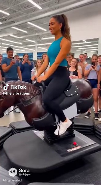 Unexpected Rodeo in the Fitness Gym! Machine Goes Berserk and Everyone Loses It 😂 A normal workout turns into a full comedy show when a glamorous Japanese woman tries out a bucking-bronco-style exercise machine… and it suddenly malfunctions at full power! The mechanical horse begins vibrating with extreme, industrial-level intensity — shaking wildly like a broken factory robot. Her exaggerated reactions, flying hair, and cartoonish expressions make the chaotic scene absolutely hilarious. The cr