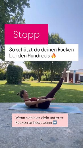 Hundreds – so schützt du deinen Rücken (fortgeschritten → unterstützend) 1️⃣ Fortgeschrittene Variante – Beine ausgestreckt nach oben Diese Version fordert maximale Core-Kontrolle. Je tiefer du die Beine senkst, desto stärker muss dein Bauch arbeiten. 👉 Worauf du beim Rücken achten musst: Kein Hohlkreuz! Die Lendenwirbelsäule bleibt stabil und lang. Rippen schließen – sonst kippt die Spannung in den Rücken. Bauch aktiv halten, Becken leicht kippen. Wenn du Zug im unteren Rücken spürst: ➝ Beine 