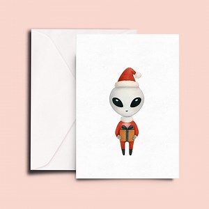 Cute Alien Christmas Card – Kawaii Alien in Santa Suit With Present, Funny Sci-fi Holiday Card, Space Lover Xmas Greeting - Etsy