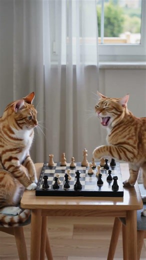 😂 Two Cats Play Chess! Winner Cat Wins, Loser Gets Angry & Hits Him – Then They All Laugh! 🐱♟️