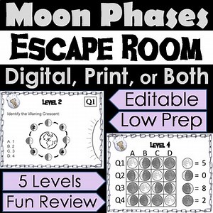 Moon Phases Activity Escape Room Lunar Cycle: Great for Solar and Lunar Eclipses