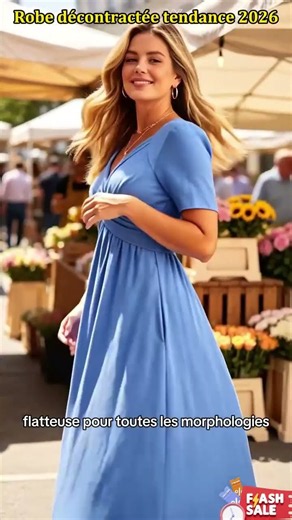 Robe longue col V + manches courtes + tissu doux + coupe fluide. Taille S à 3XL. 50% OFF !