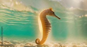 Seahorse swimming in open water, with soft rays of sunlight shining through