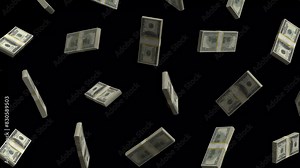 3D animation of a bundle of hundred-dollar stack falling in a loop on black background 3d render 4k footage